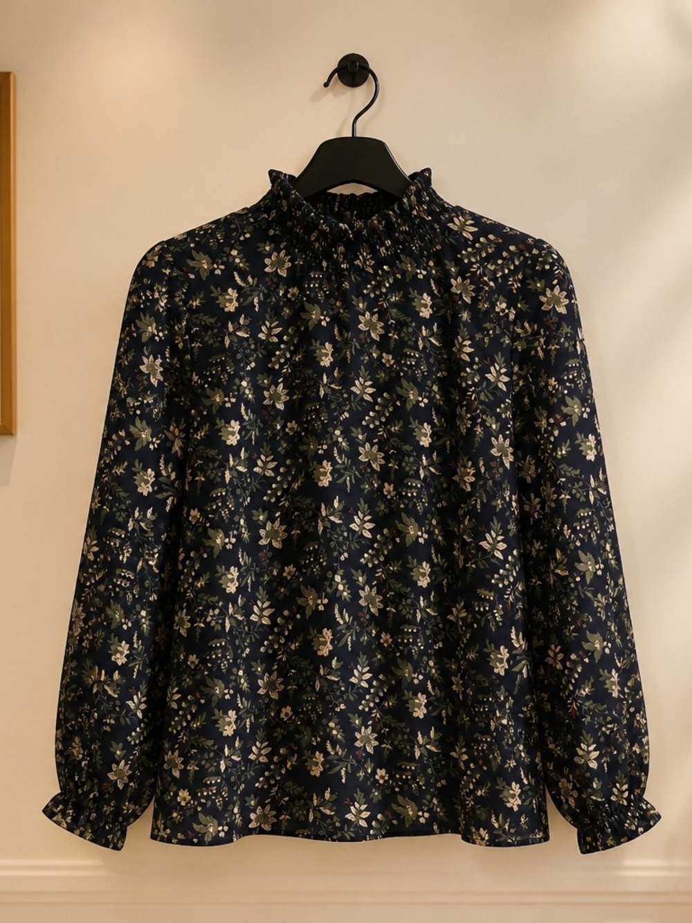 Women's Navy Floral Mock Neck Long Sleeve Blouse Cottagecore Large